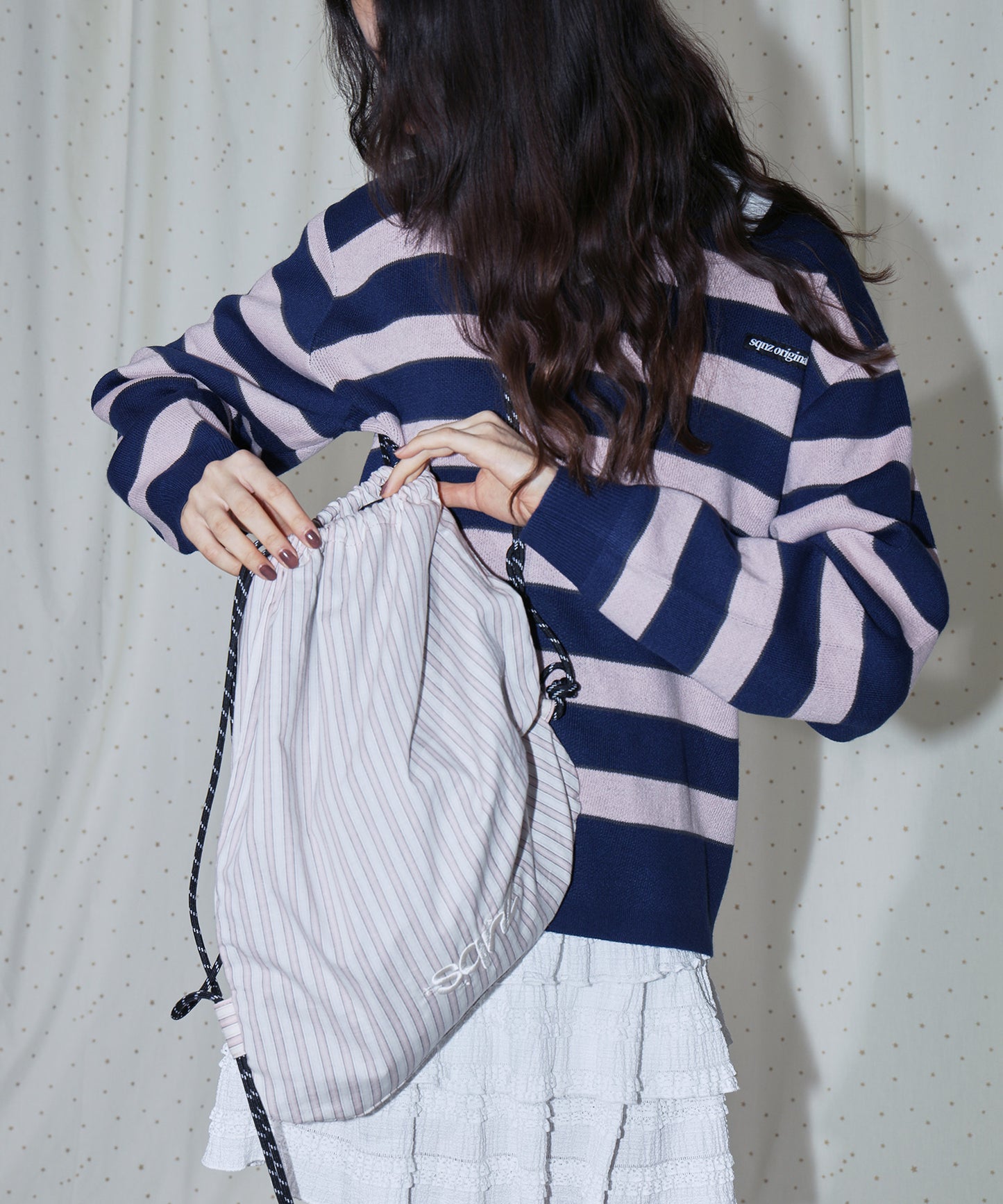 sqnz dairy 2way knapsack / ナップサック バック 2WAY ブランドロゴ チェック ストライプ ライトピンク