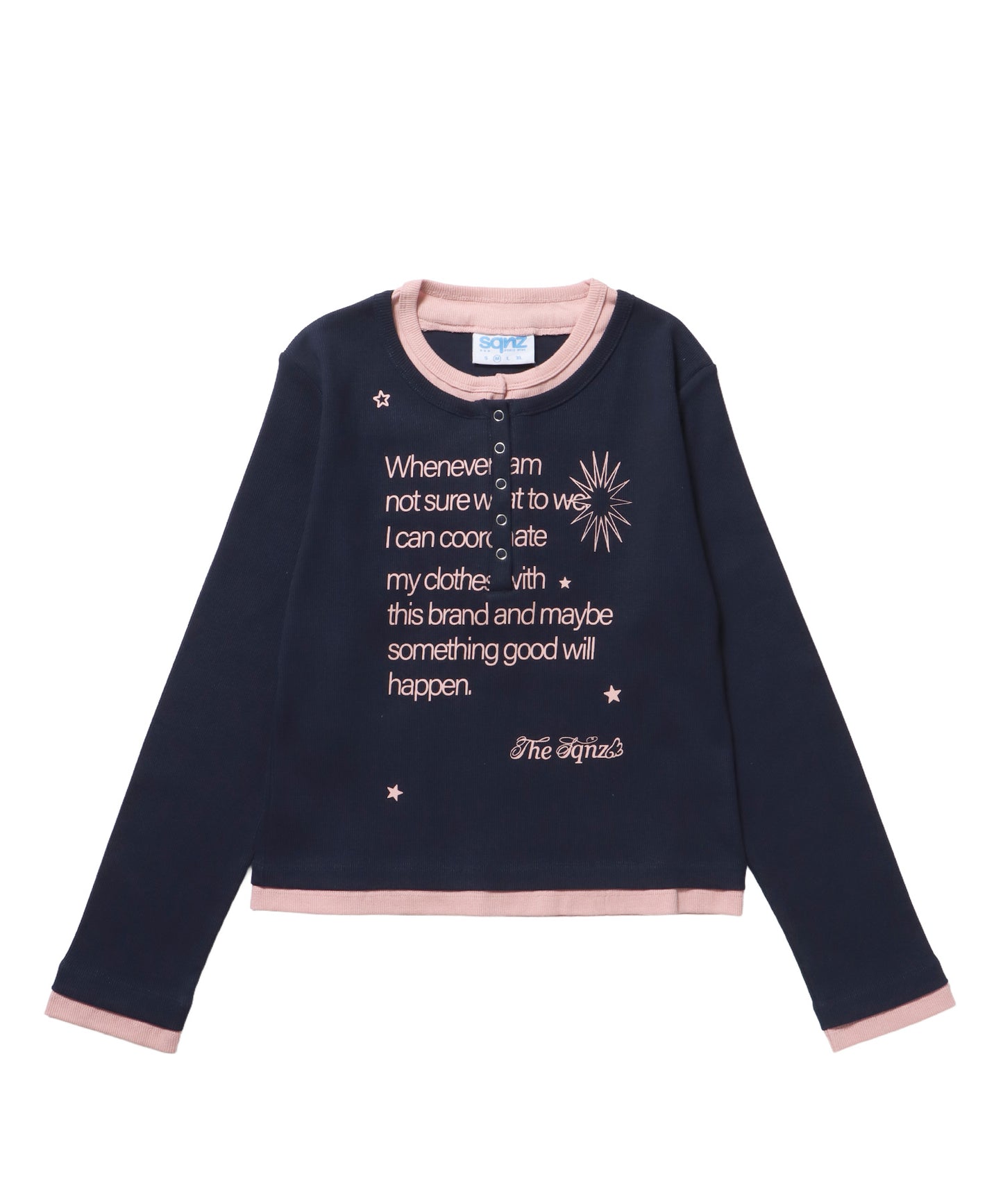 sqnz fake layered henley star l/s tee / 長袖 プリント ヘンリー フェイクレイヤード ツートーン ネイビー