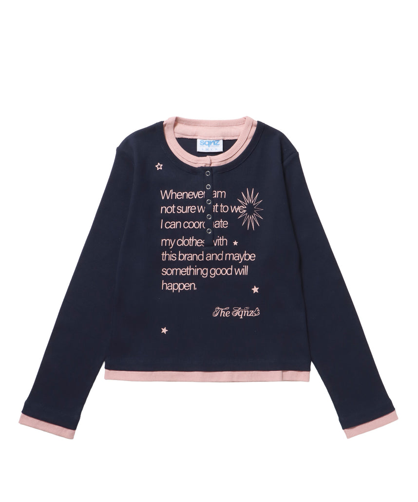 sqnz fake layered henley star l/s tee / 長袖 プリント ヘンリー フェイクレイヤード ツートーン ネイビー