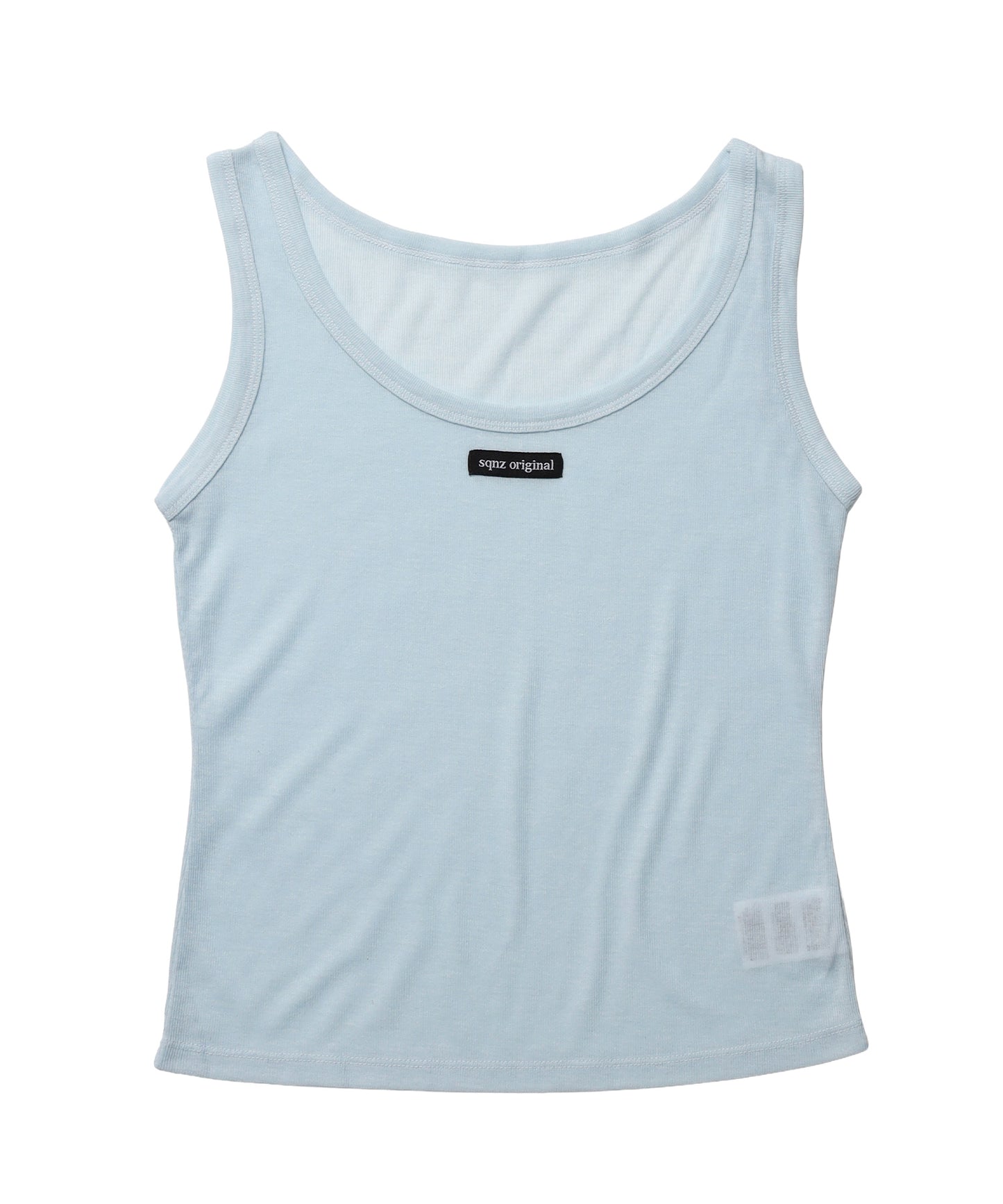 sqnz sheer layered tank / レディース シアー レイヤード ピスネーム メタルプレート タンクトップ クルーネック ライトブルー