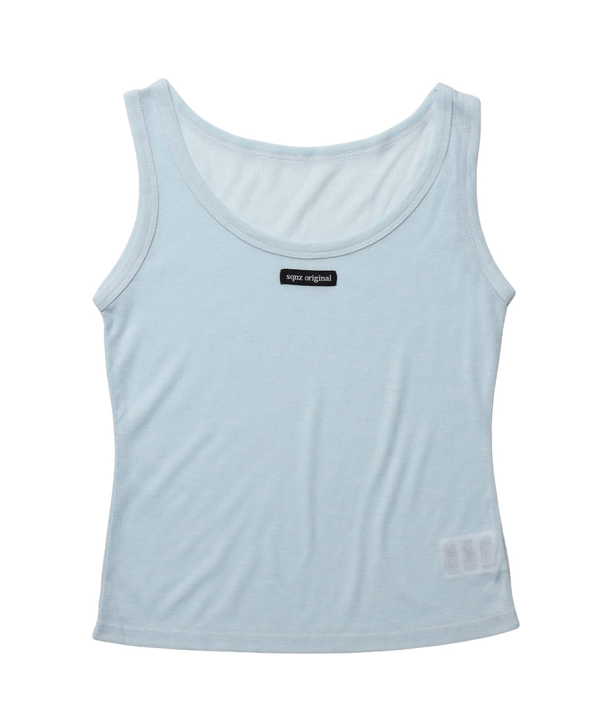 sqnz sheer layered tank / レディース シアー レイヤード ピスネーム メタルプレート タンクトップ クルーネック ライトブルー