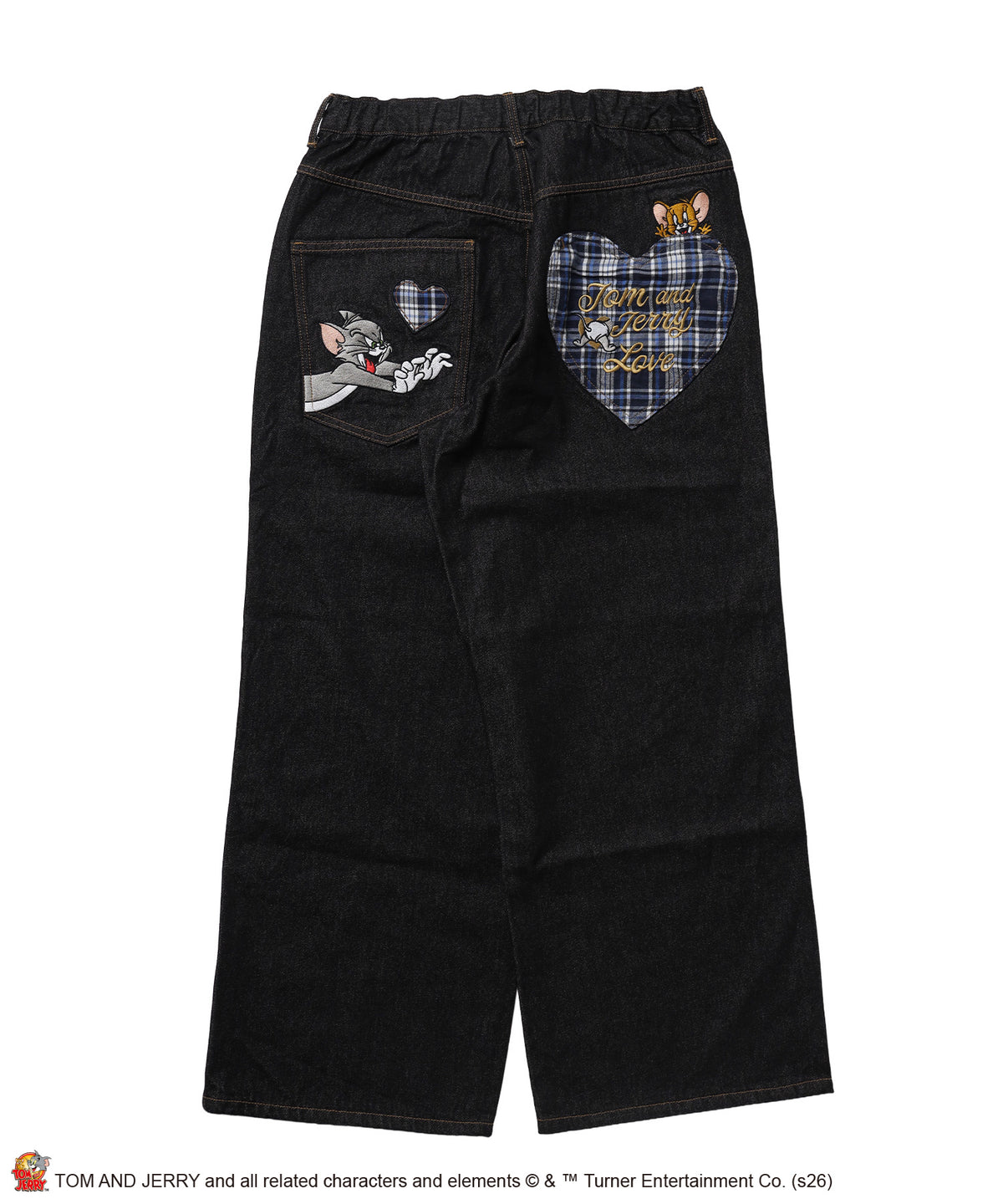 TJ PLAID DENIM PANTS / トムとジェリー チェック デニム パンツ 刺繍 加工 ブラック系その他