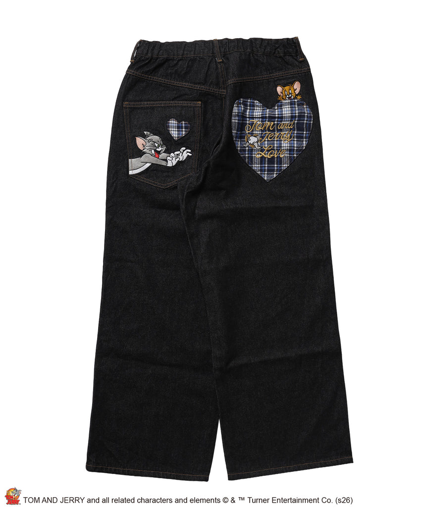TJ PLAID DENIM PANTS / トムとジェリー チェック デニム パンツ 刺繍 加工 ブラック系その他