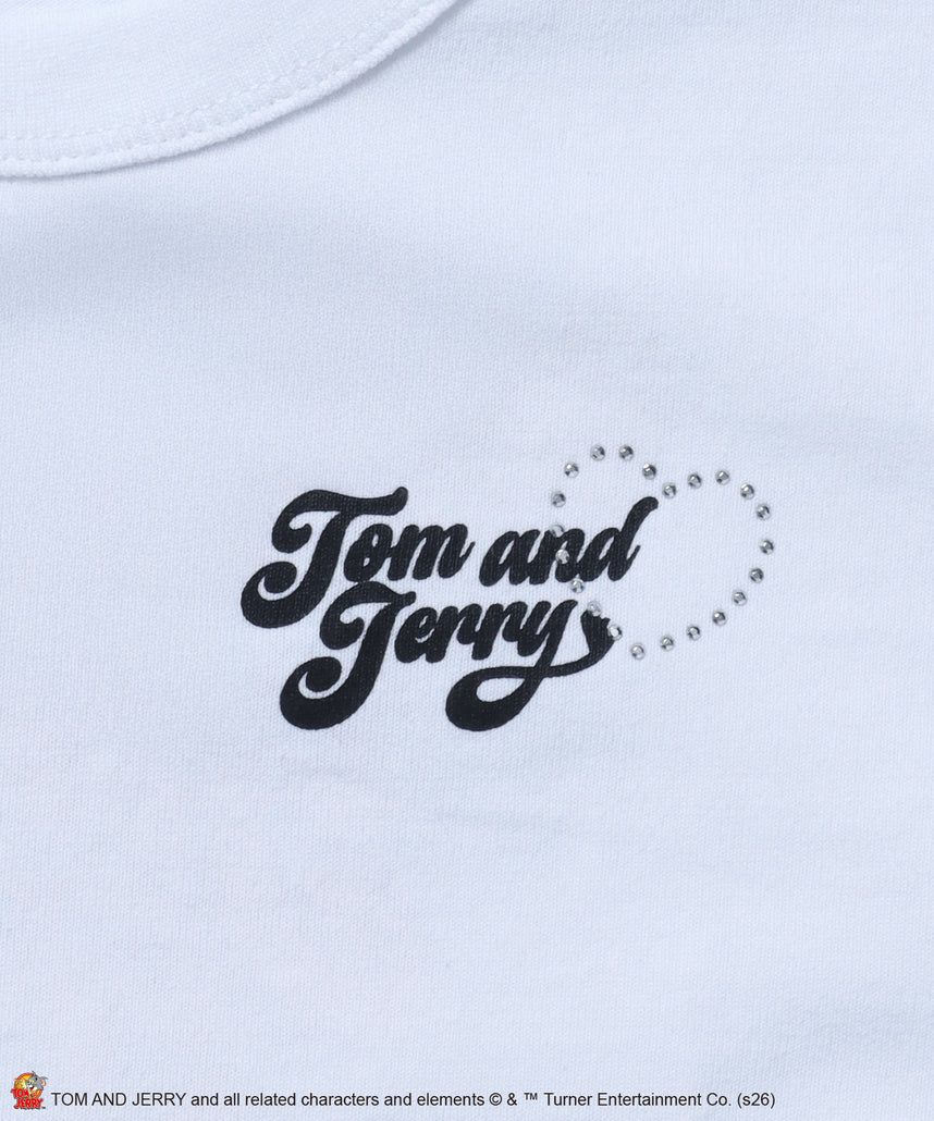 TJ HEART BABE TEE / レディース トムとジェリー Tシャツ 半袖 クルーネック プリント ラインストーン ピチT ちびT ホワイト