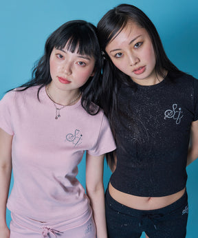 ≪予約商品≫sqnz glitter compact tee / 半袖 プリント Tシャツ ワンポイント ラインストーン レディース ピチT ちびT 【セットアップ着用可能】 ブラック