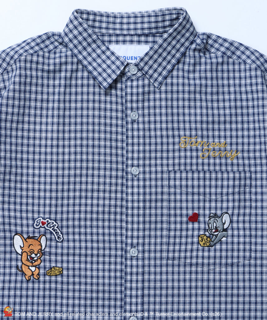 TJ ASSORTMENT EMB. SHIRT / トムとジェリー シャツ 半袖 レギュラーカラー 刺繍 チェック ストライプ ネイビー
