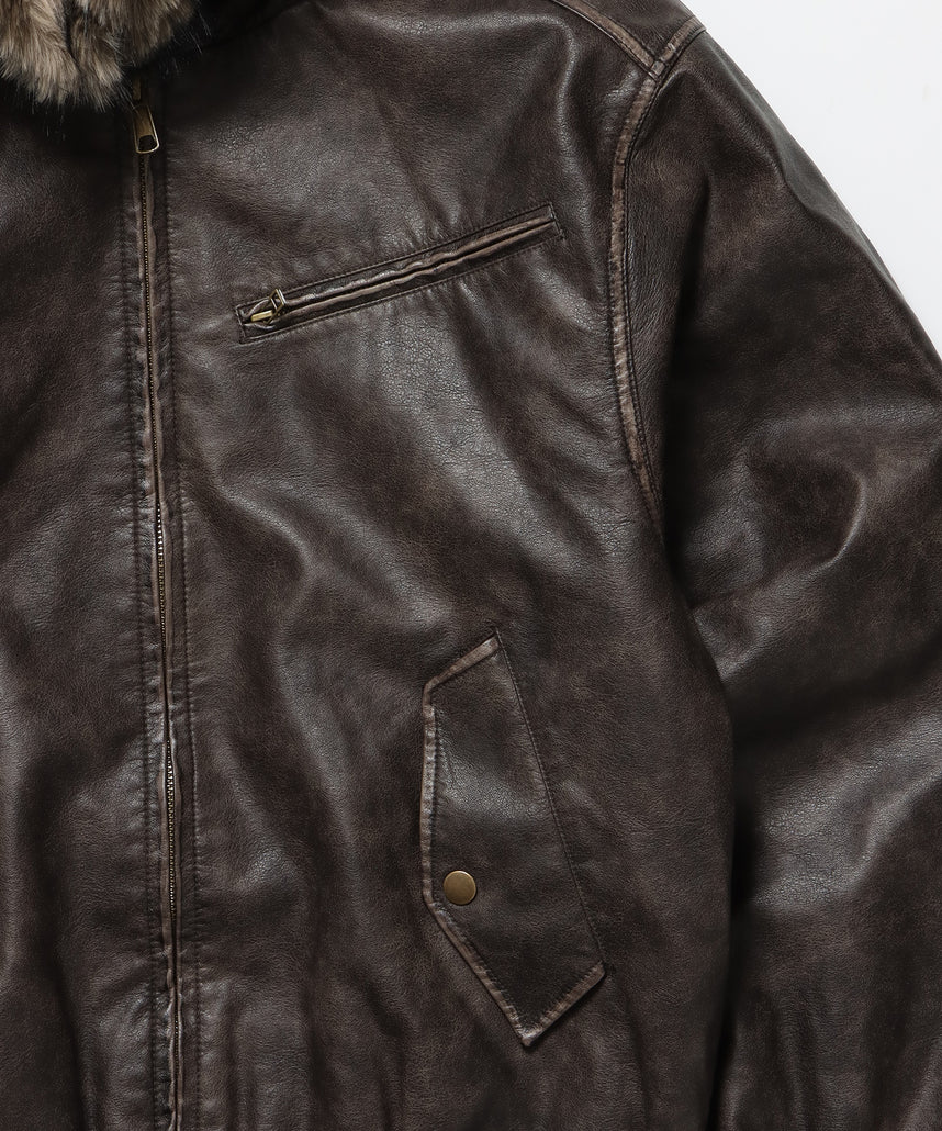 FUR PU HOODIE JKT / フェイクレザー ジャケット ファー 中綿 ダブルジップ フーディ ブラウン