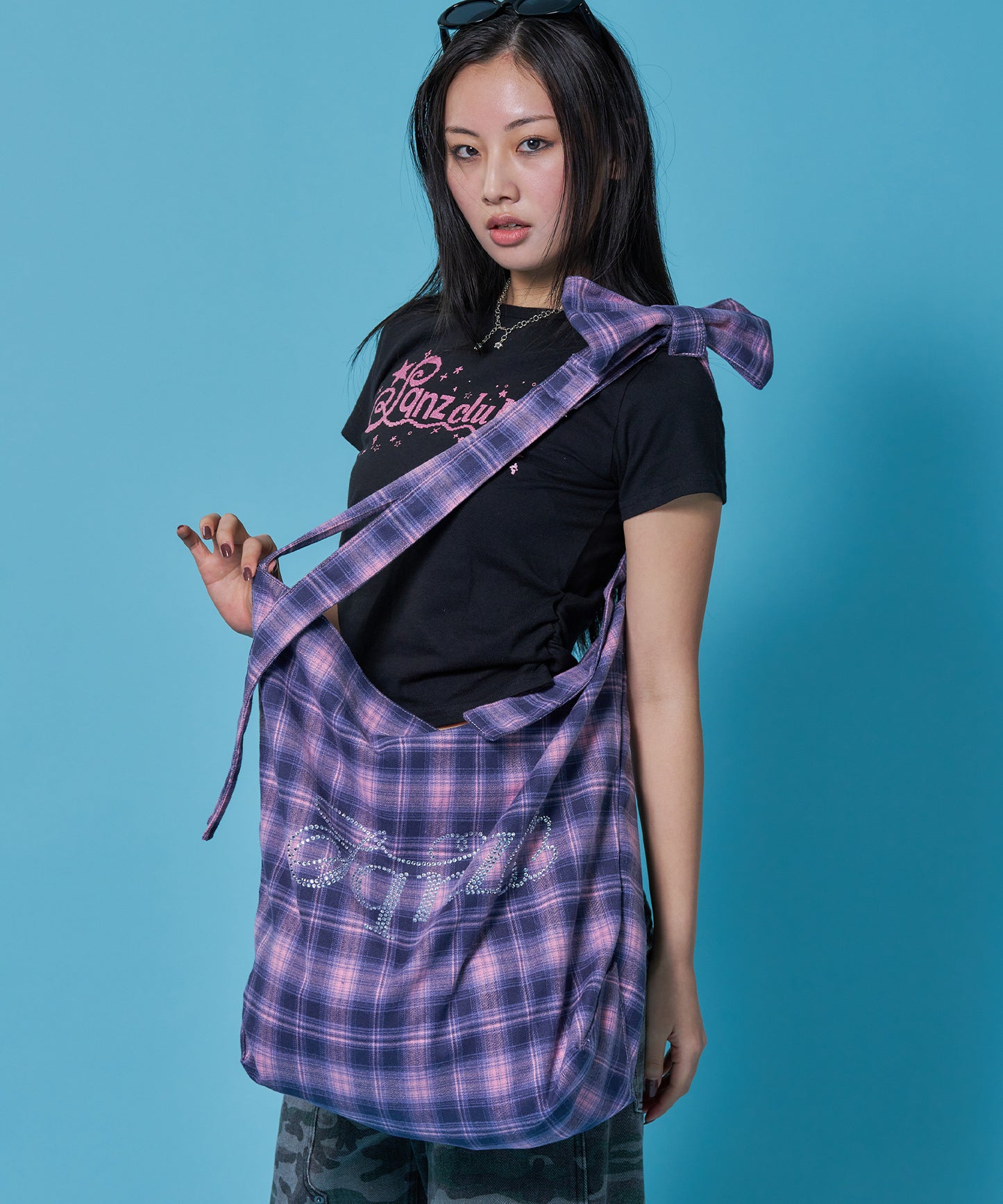 ≪予約商品≫sqnz favorite kira-kira totebag / ラインストーン バック チェック柄 2way ユニセックス ピンク