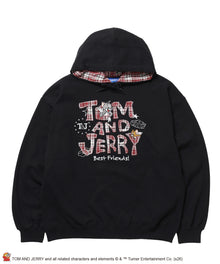 TJ PLAID APPLIQUE P/K / トムとジェリー プルパーカー チェック 刺繍 ブラック