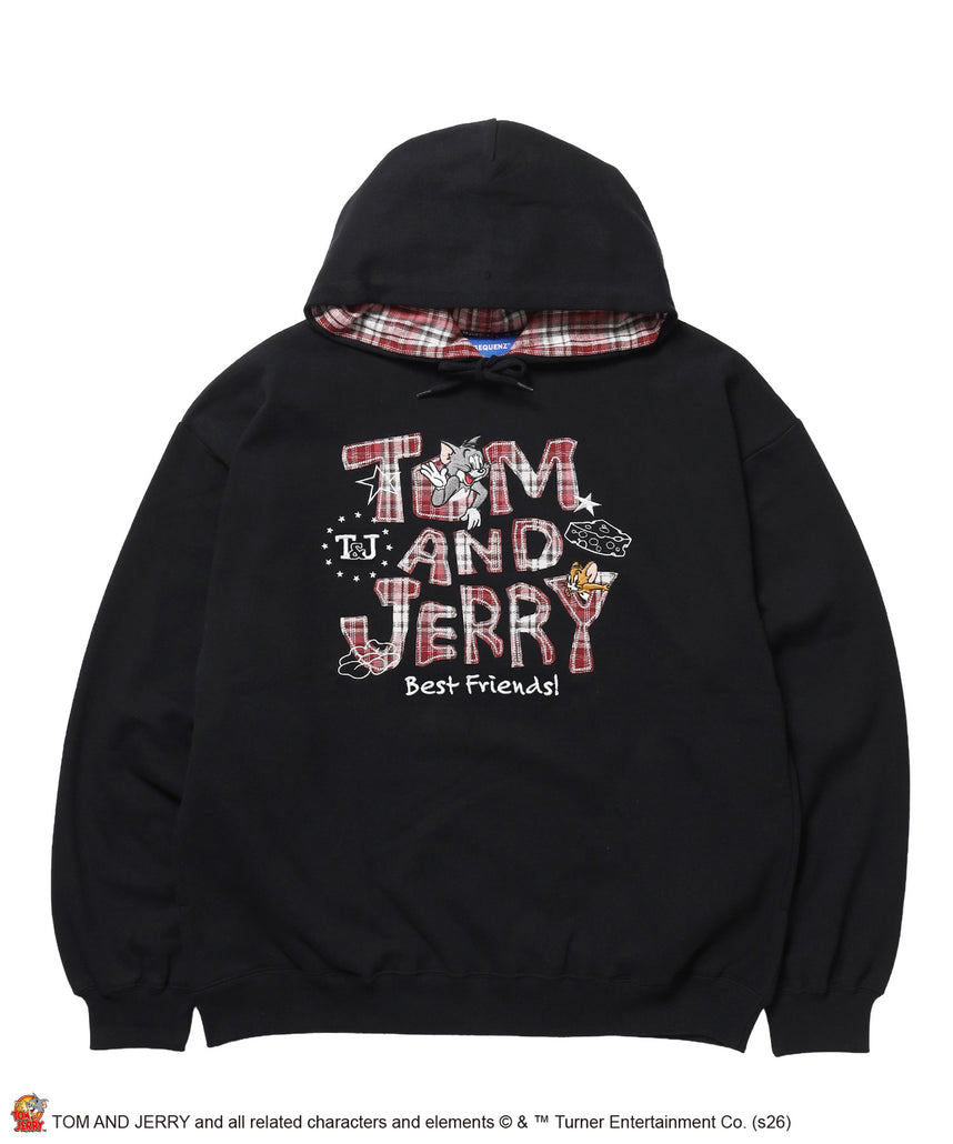 TJ PLAID APPLIQUE P/K / トムとジェリー プルパーカー チェック 刺繍 ブラック