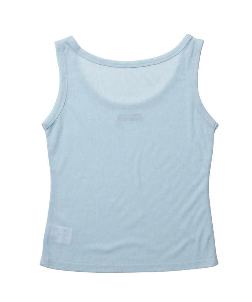 sqnz sheer layered tank / レディース シアー レイヤード ピスネーム メタルプレート タンクトップ クルーネック ライトブルー
