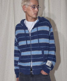 SHAGGY BORDER HOODIE ZIP / ボーダー ニット パーカー ジップ ダブルジップ フーディ ライトブルー
