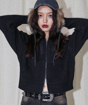 sqnz knit zip p/k / ニット ジップパーカー ダブルジップ フーディ ブラック