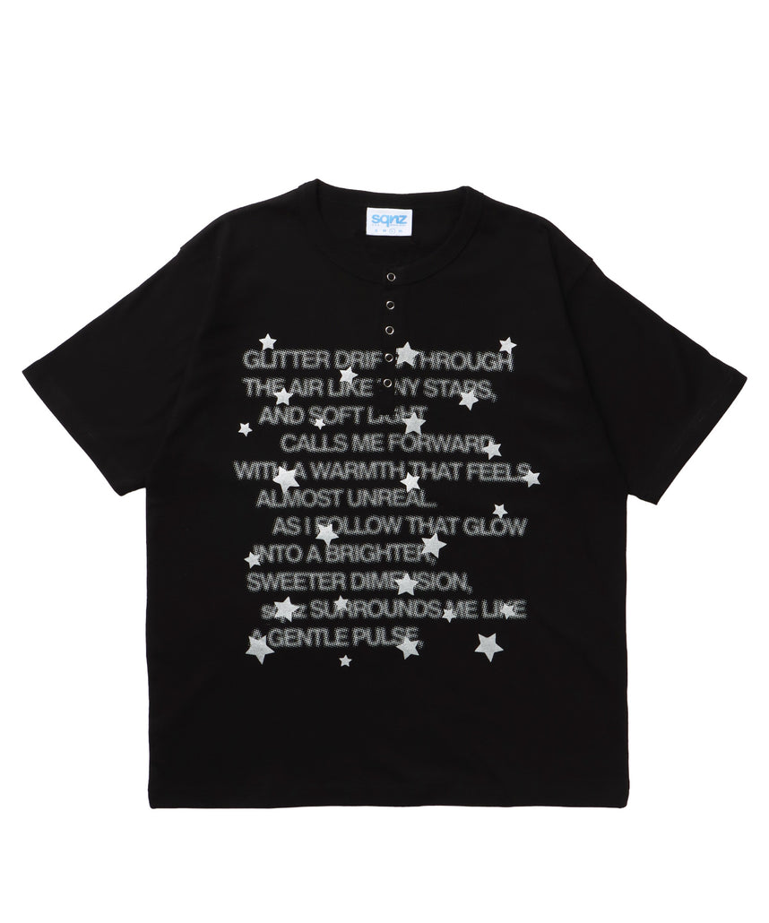 ≪予約商品≫sqnz silver star henlry tee / 半袖 ヘンリーネック Tシャツ シルバープリント 短丈 ブラック