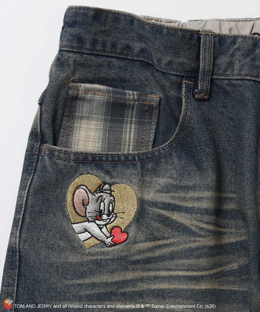 TJ PLAID DENIM PANTS / トムとジェリー チェック デニム パンツ 刺繍 加工 ネイビー