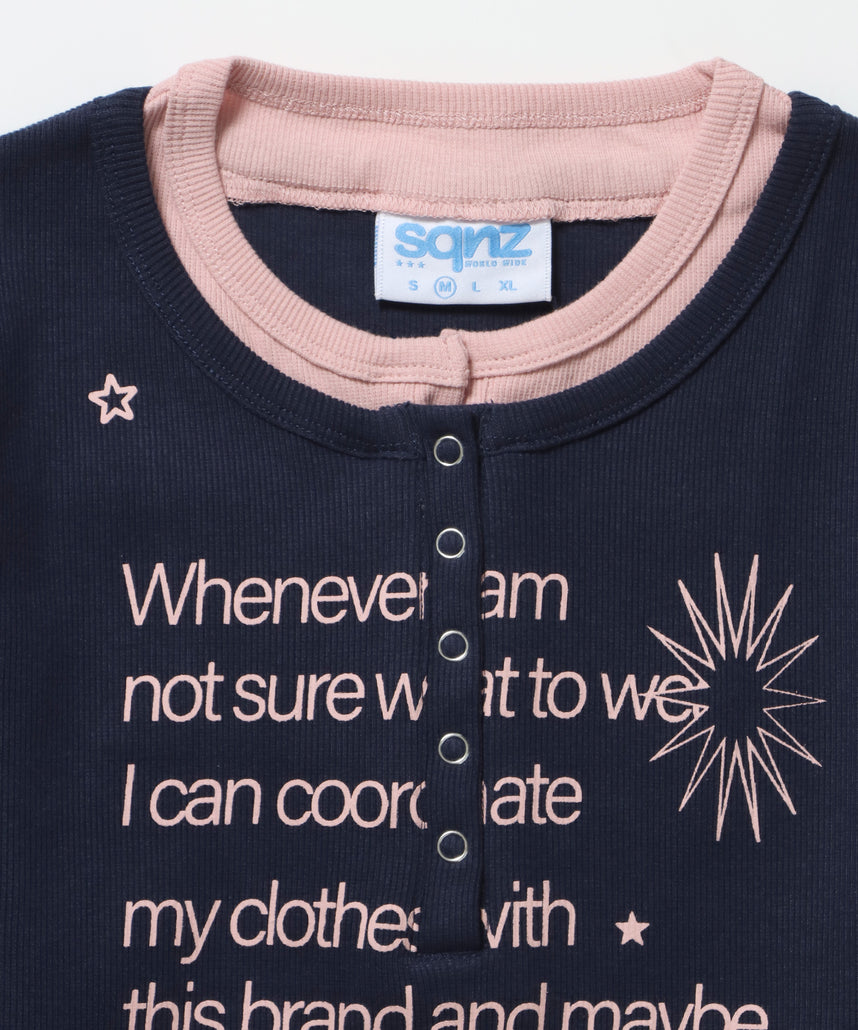 sqnz fake layered henley star l/s tee / 長袖 プリント ヘンリー フェイクレイヤード ツートーン ネイビー