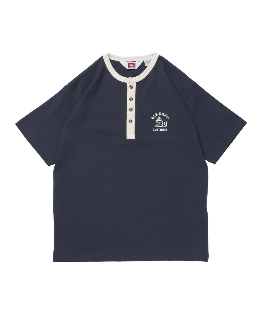 RINGER HENLEY TEE / Tシャツ 半袖 クルーネック ヘンリーネック ワンポイント クラシックフィット リンガー ワンポイント ネイビー