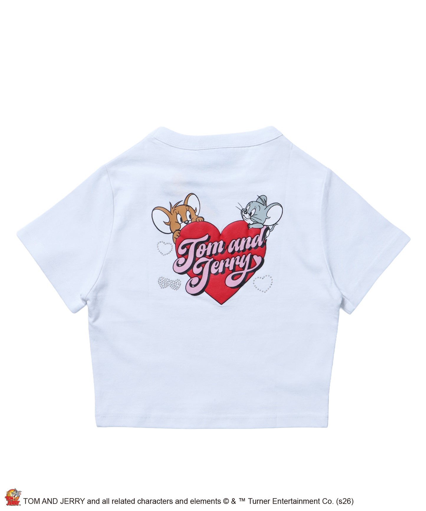 TJ HEART BABE TEE / レディース トムとジェリー Tシャツ 半袖 クルーネック プリント ラインストーン ピチT ちびT ホワイト