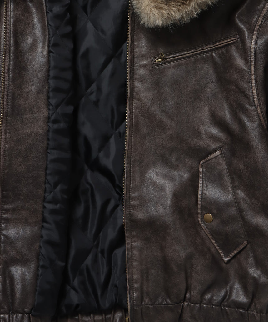 FUR PU HOODIE JKT / フェイクレザー ジャケット ファー 中綿 ダブルジップ フーディ ブラウン
