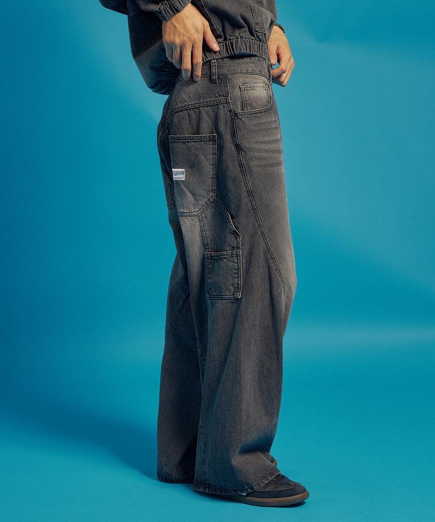 sqnz washed curve denim pants / カーブデニム ワイドパンツ ヴィンテージライク オーバーダイ ブラック ≪SET UP着用可能≫