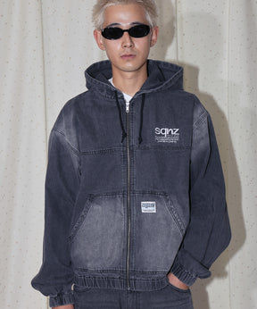 sqnz washed denim jacket / ジップパーカー フルジップ ヴィンテージライク フード オーバーダイ ブラック ≪SET UP着用可能≫
