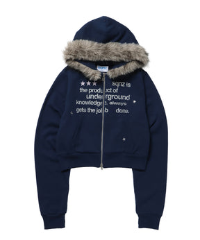 【sqnz（エスキュンズ）】sqnz fur zip pk / レディース ファー ジップパーカー 裏起毛 短丈 スタッズ ダブルジップ