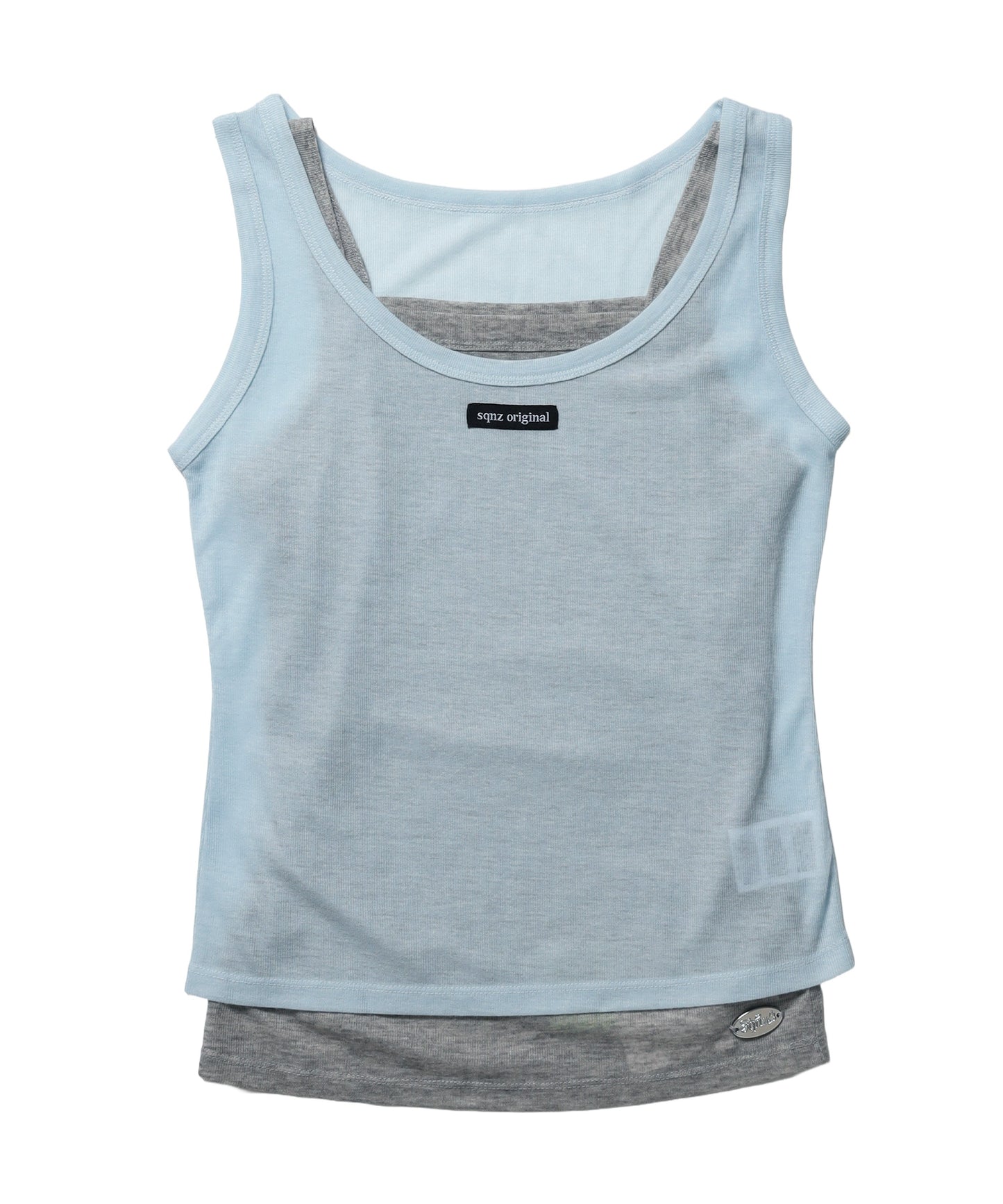 sqnz sheer layered tank / レディース シアー レイヤード ピスネーム メタルプレート タンクトップ クルーネック ライトブルー