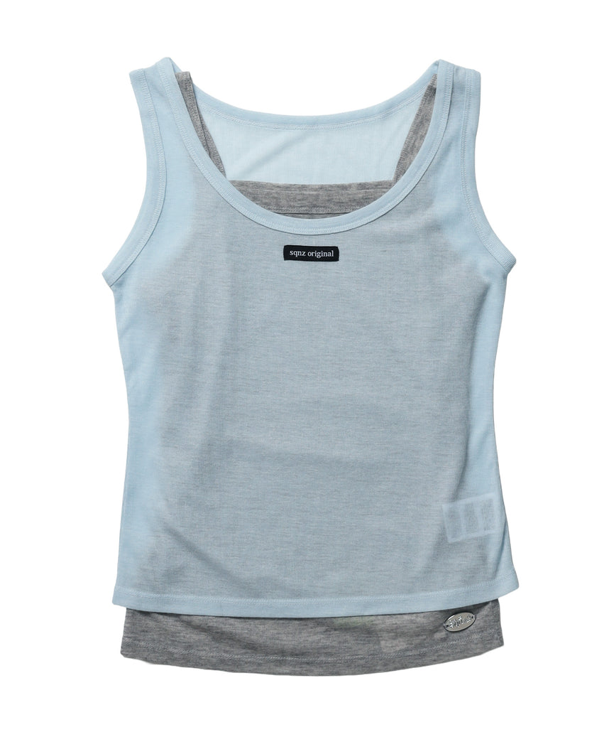 sqnz sheer layered tank / レディース シアー レイヤード ピスネーム メタルプレート タンクトップ クルーネック ライトブルー