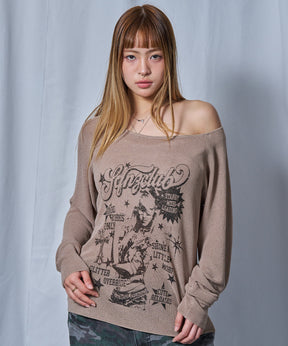 sqnz rock sheer knit / ワンショルダー ニット クルーネック 長袖 プリント シアー グレイッシュベージュ