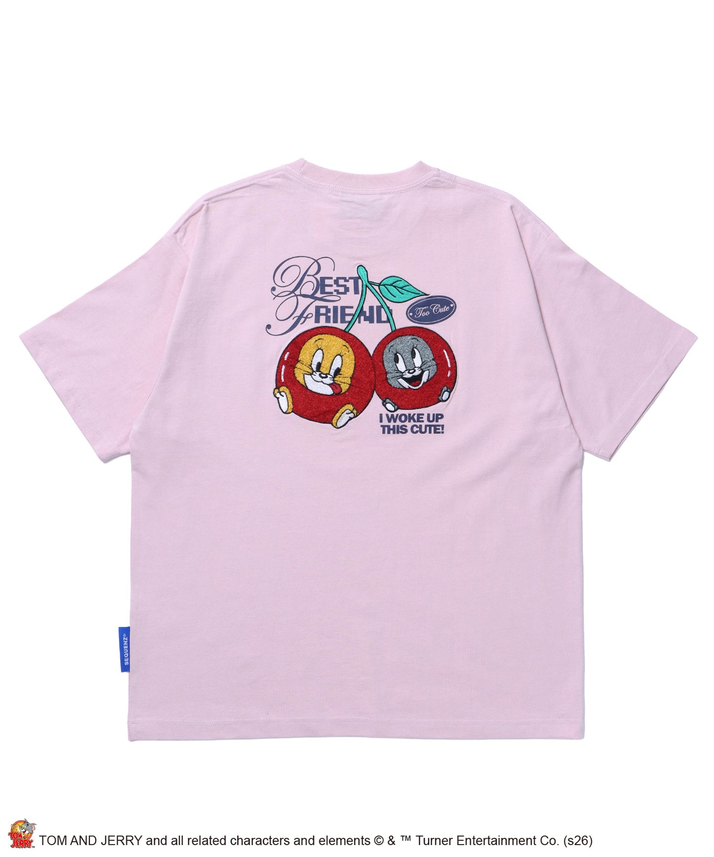 TJ CHERRY FLOCKY S/S TEE / トムとジェリー Tシャツ 半袖 クルーネック プリント 刺繍 オーバーサイズ ライトピンク