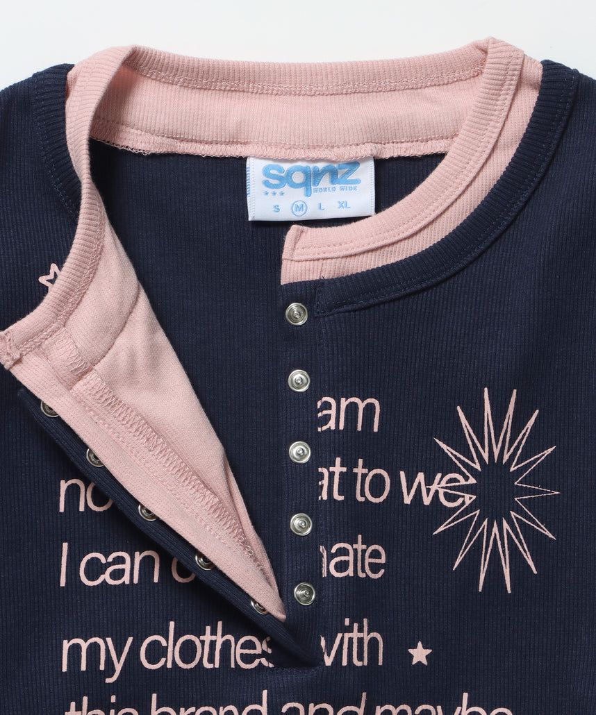 sqnz fake layered henley star l/s tee / 長袖 プリント ヘンリー フェイクレイヤード ツートーン ネイビー