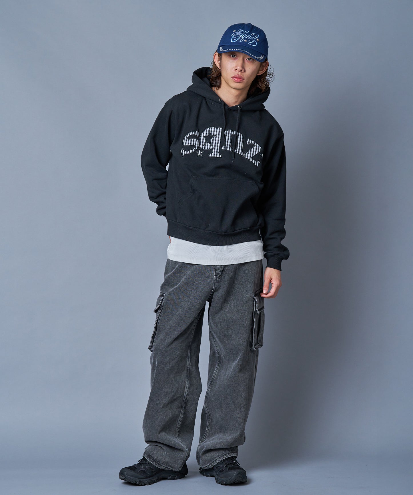 ※WEB限定 / 短丈裏起毛ジップパーカー / sqnz gingham applique pk ブラック