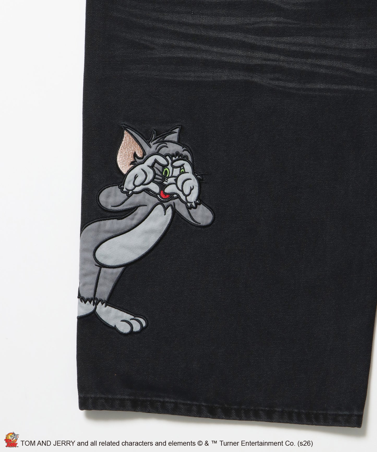 TJ JERRY AND TUFFY LOOSE DENIM / トムとジェリー デニム ワイド パンツ ボトムス 刺繍 加工 リジッド ワッペン ブラック