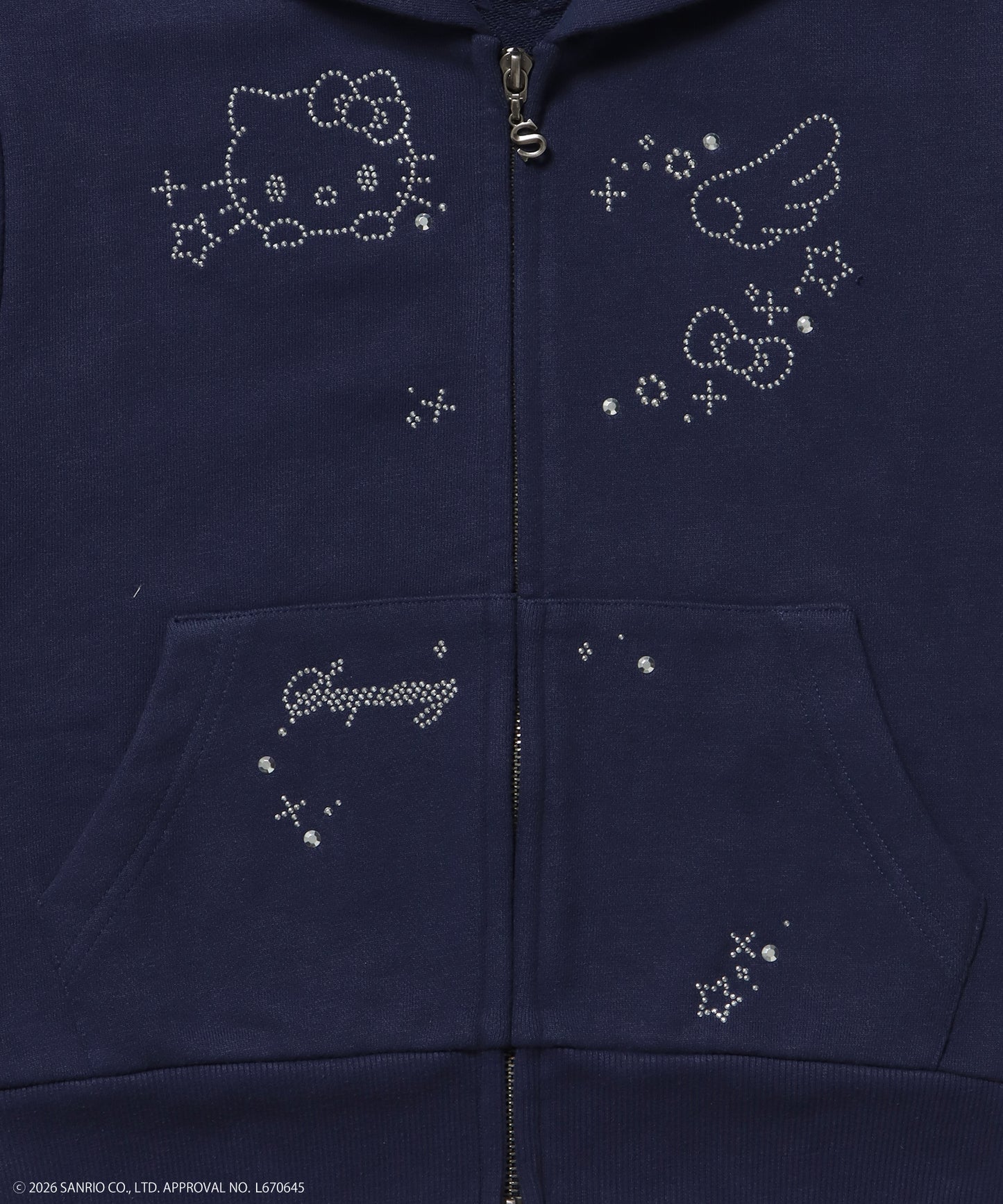 HK SHINING KITTY ZIPPK / 半袖 ジップパーカー フーディ ダブルジップ ラインストーン ウェット ダークネイビー
