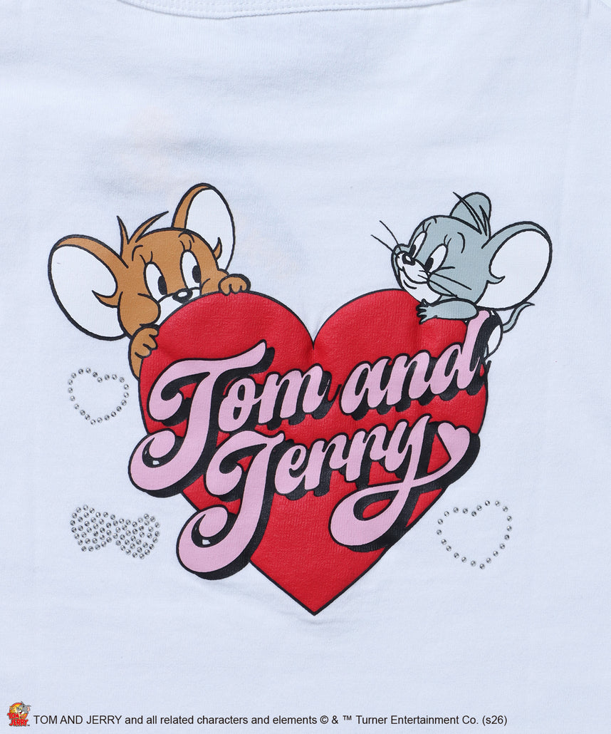TJ HEART BABE TEE / レディース トムとジェリー Tシャツ 半袖 クルーネック プリント ラインストーン ピチT ちびT ホワイト