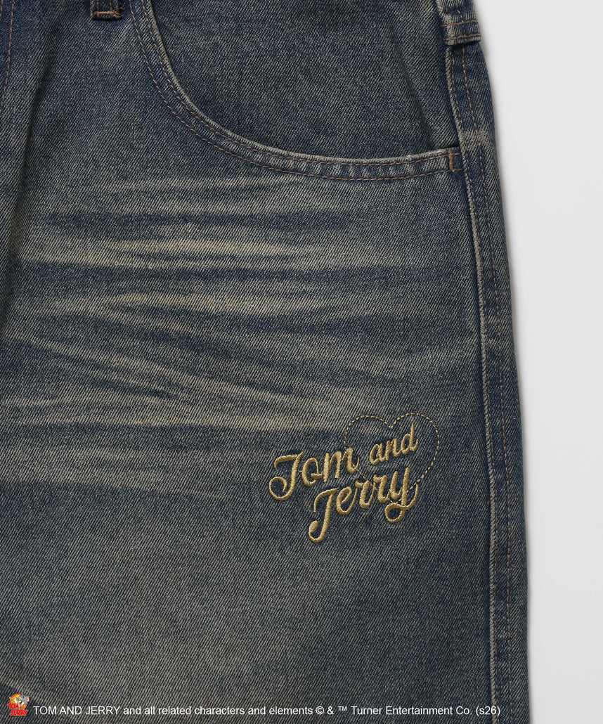 TJ PLAID DENIM PANTS / トムとジェリー チェック デニム パンツ 刺繍 加工 ネイビー