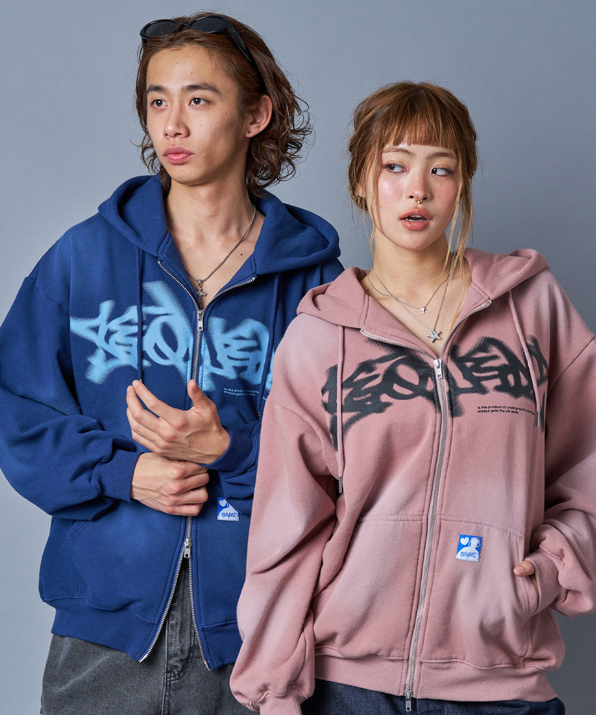 とららSEQUENZ ネイビー フルジップフーディ Mサイズ ロゴプリントジップパーカー / FADE ZIP P/K ネイビー ≪SET UP着用