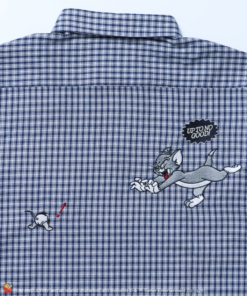 TJ ASSORTMENT EMB. SHIRT / トムとジェリー シャツ 半袖 レギュラーカラー 刺繍 チェック ストライプ ネイビー