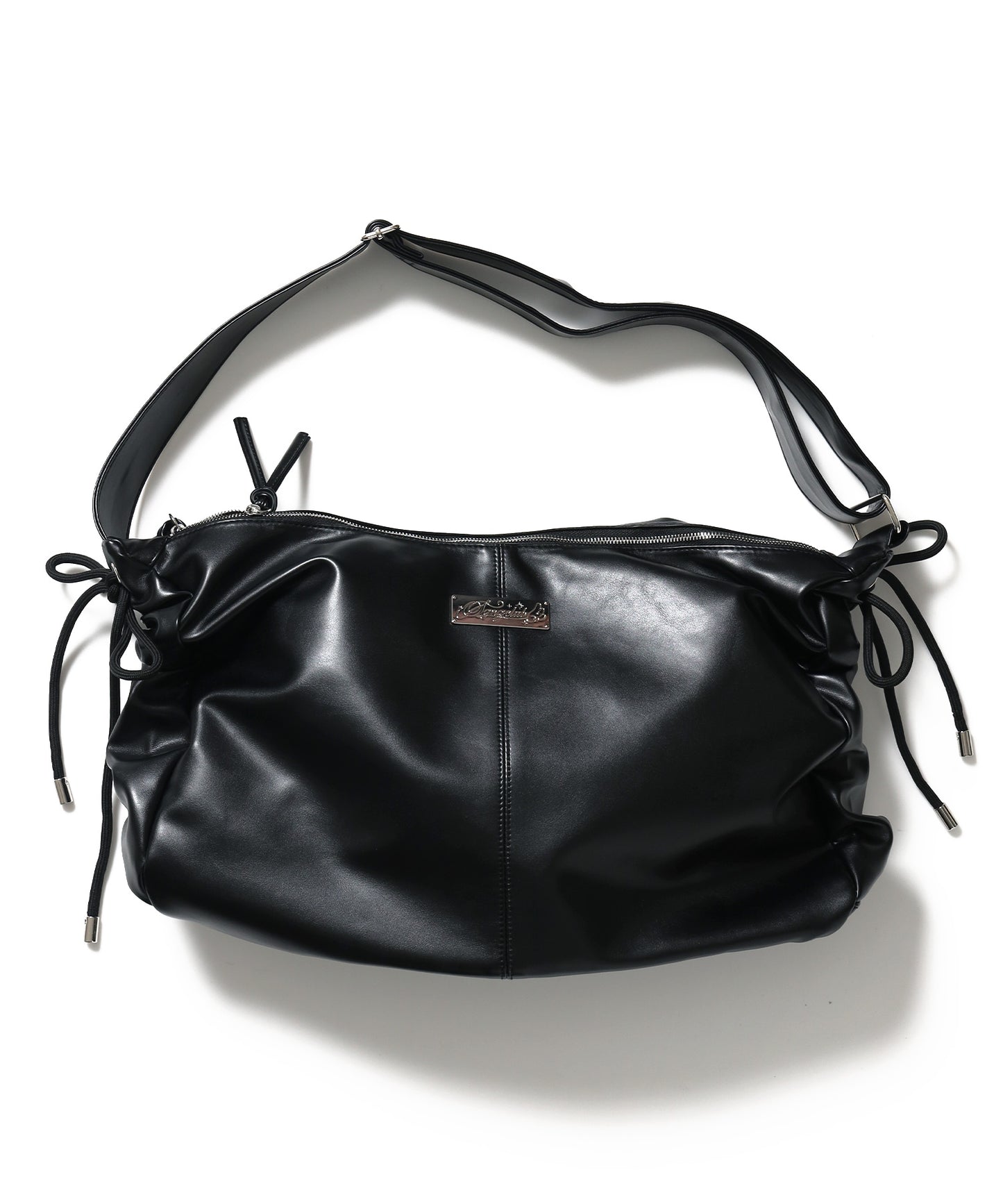 ※WEB限定 / フェイクレザー フェイクスエード メタルプレート 雑貨 バック / シャーリングショルダーバック / sqnz shirring bag ブラック