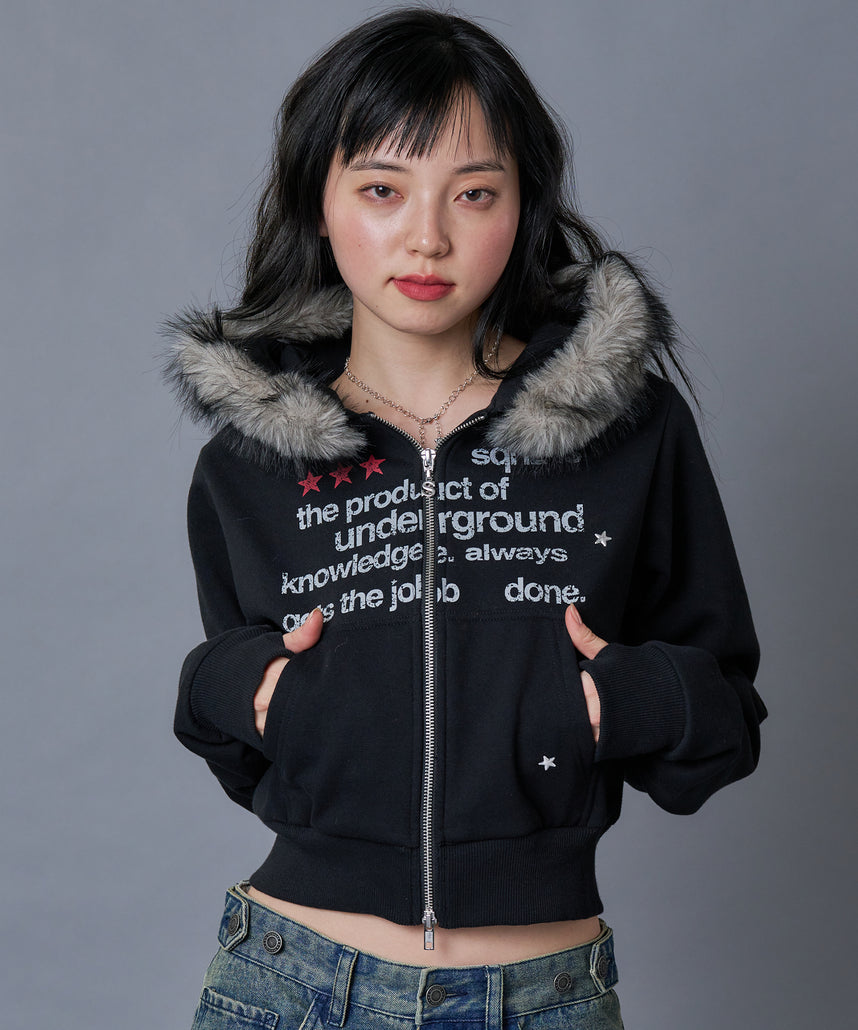 WEB限定 / レディース短丈ジップパーカー / sqnz fur zip pk ブラック