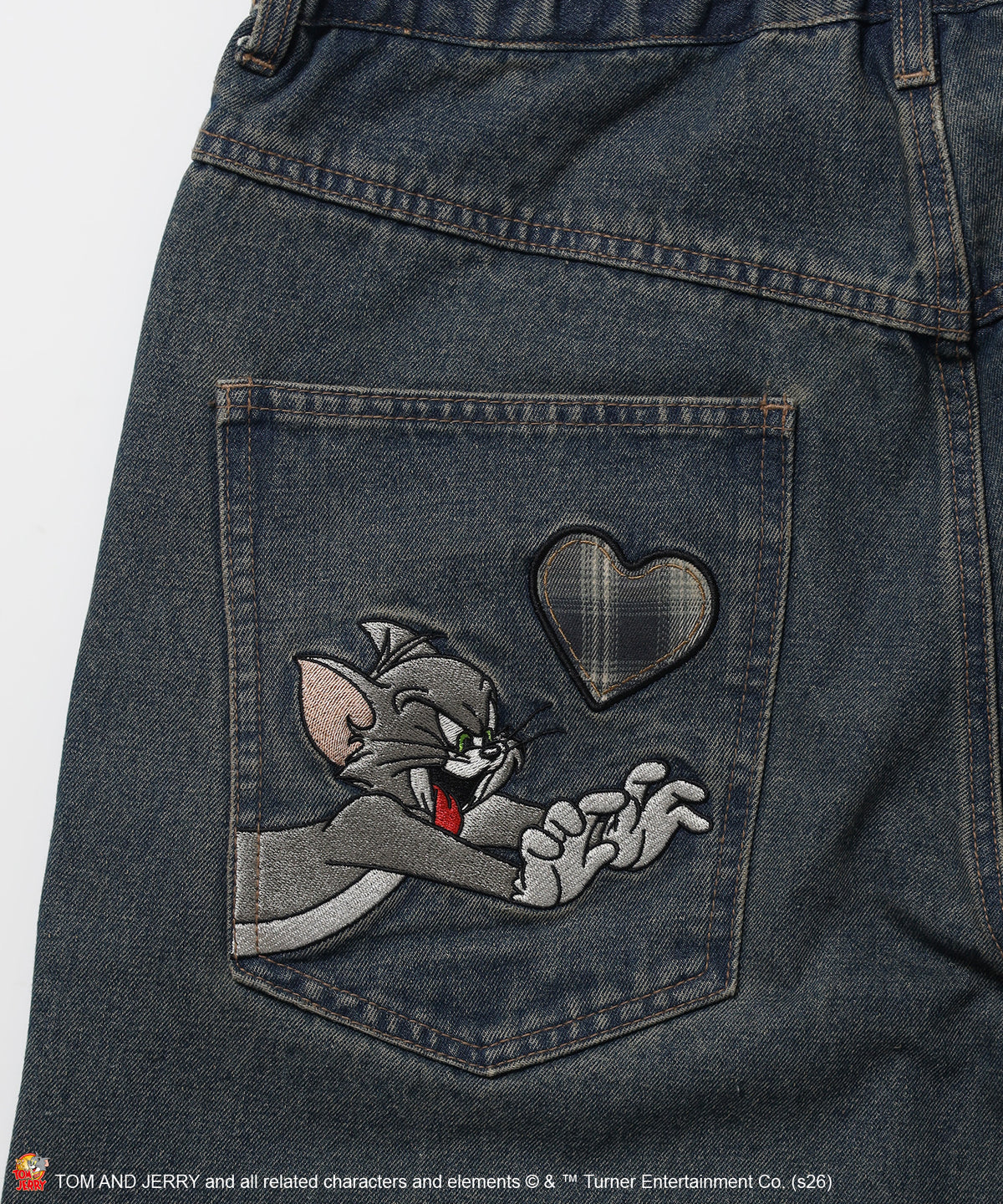 TJ PLAID DENIM PANTS / トムとジェリー チェック デニム パンツ 刺繍 加工 ネイビー