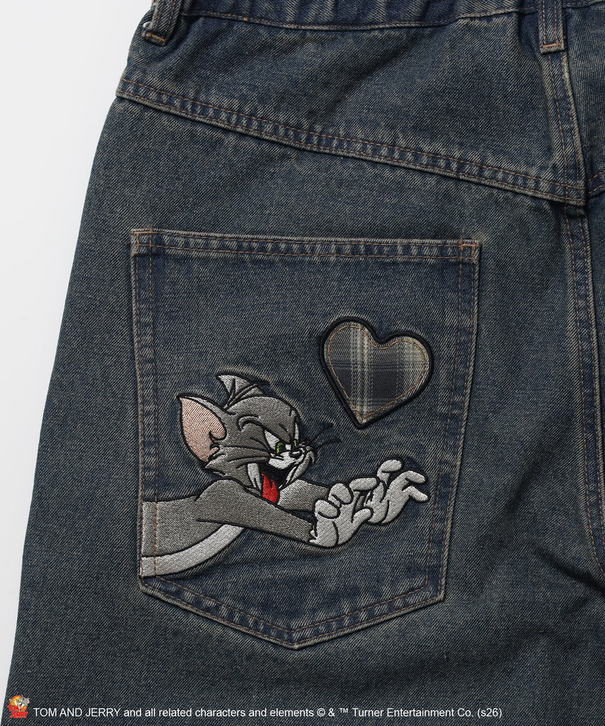 TJ PLAID DENIM PANTS / トムとジェリー チェック デニム パンツ 刺繍 加工 ネイビー