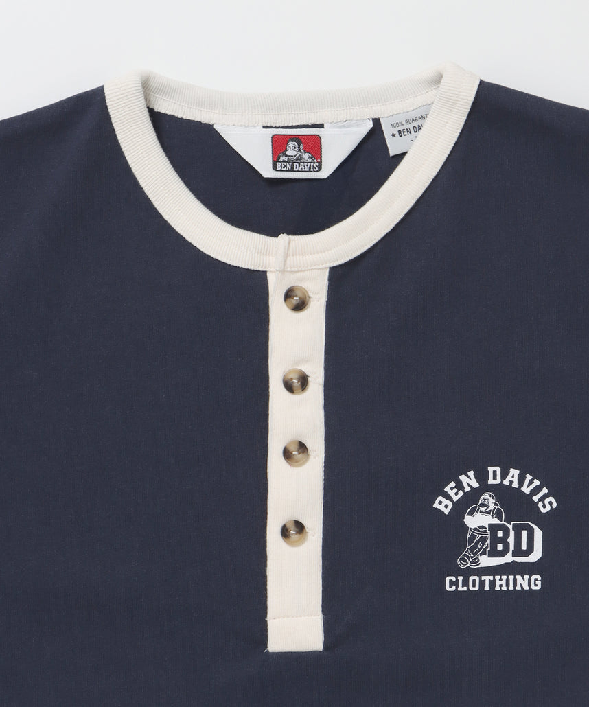 RINGER HENLEY TEE / Tシャツ 半袖 クルーネック ヘンリーネック ワンポイント クラシックフィット リンガー ワンポイント ネイビー