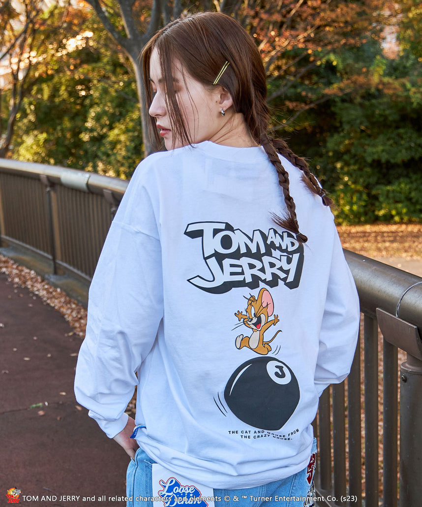 TOM and JERRY BALL L/S TEE/ トムとジェリー ロンT ビックサイズ キャラクター バックプリント 8ボール ホワイト