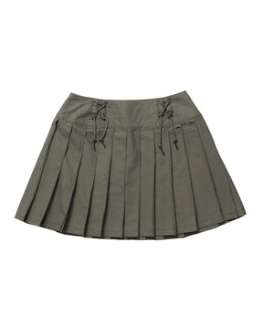 ≪予約商品≫sqnz eyelet pleats skirt / ミニ スカート パンツ プリーツ 刺繍 レースアップ レディース【レイヤード着用可能】カーキ