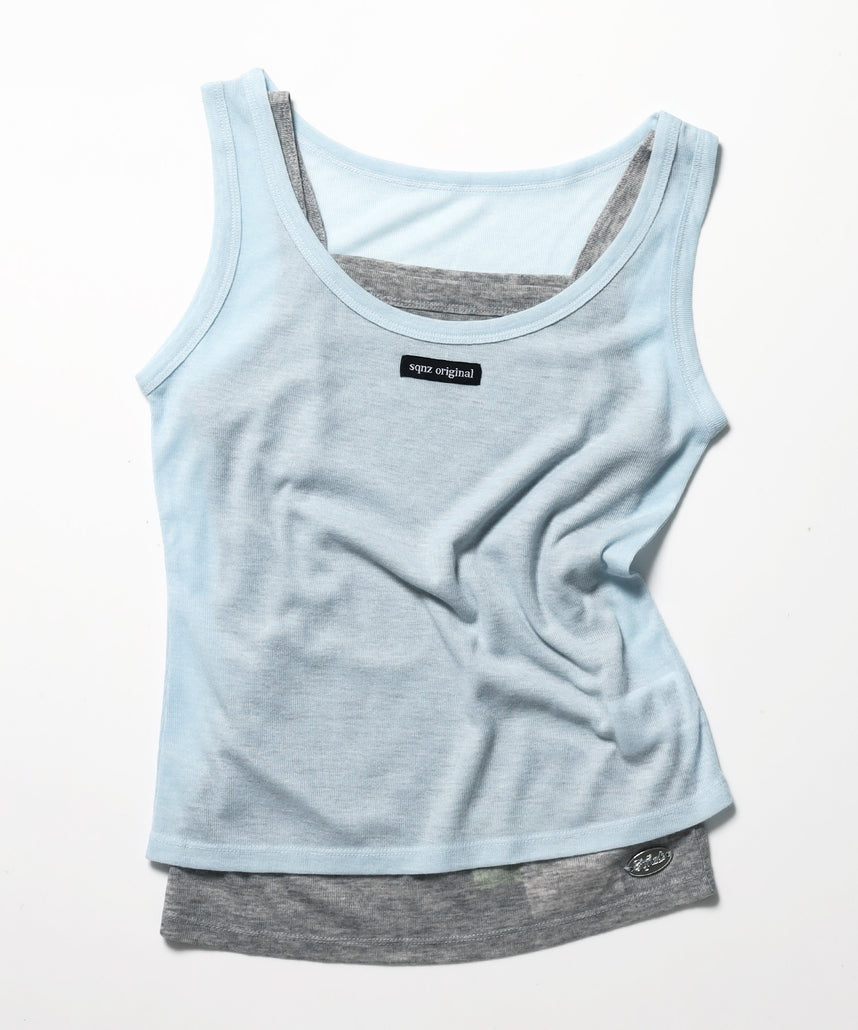 sqnz sheer layered tank / レディース シアー レイヤード ピスネーム メタルプレート タンクトップ クルーネック ライトブルー