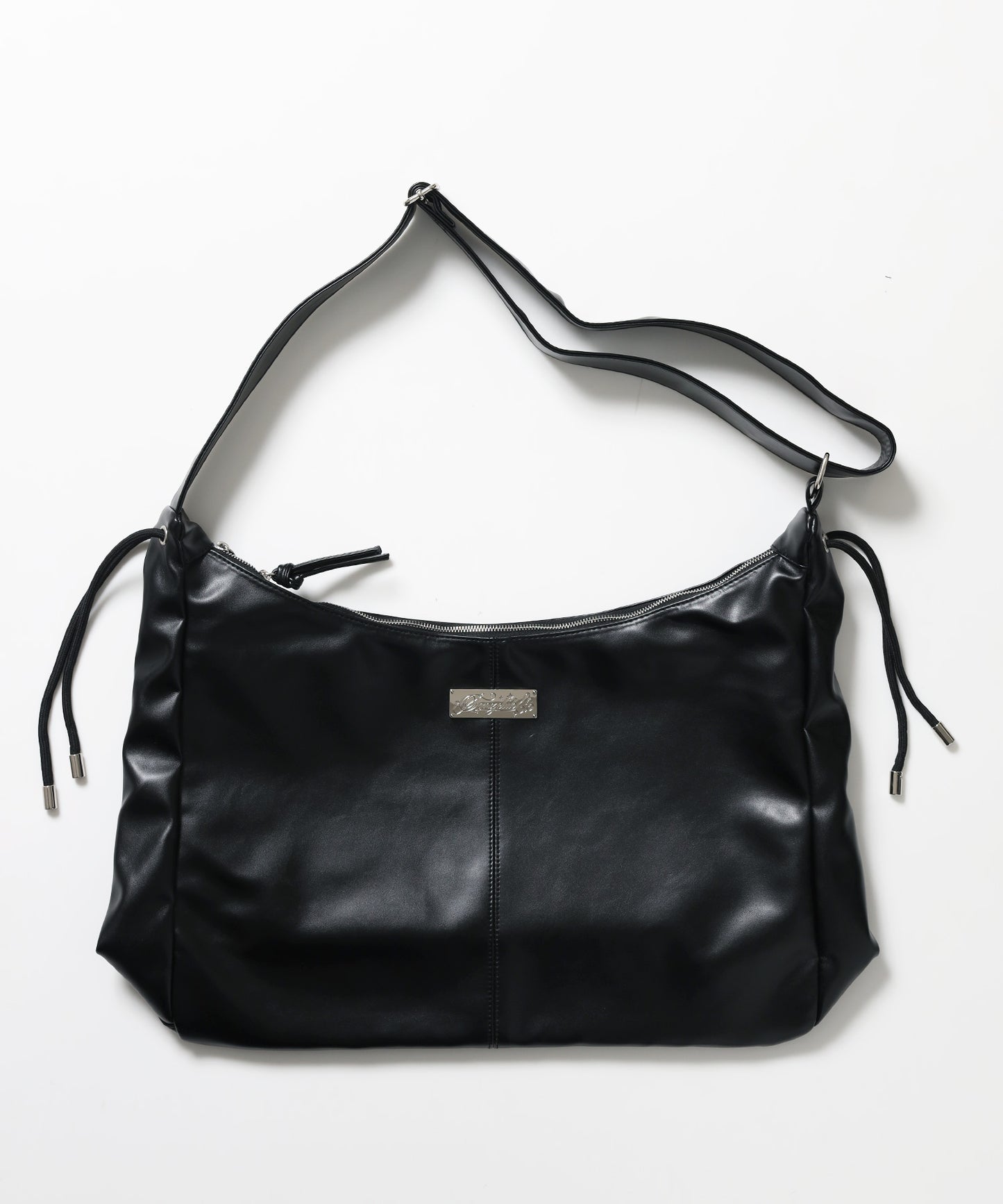 ※WEB限定 / フェイクレザー フェイクスエード メタルプレート 雑貨 バック / シャーリングショルダーバック / sqnz shirring bag ブラック