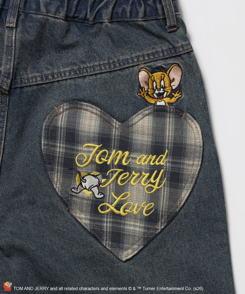 TJ PLAID DENIM PANTS / トムとジェリー チェック デニム パンツ 刺繍 加工 ネイビー