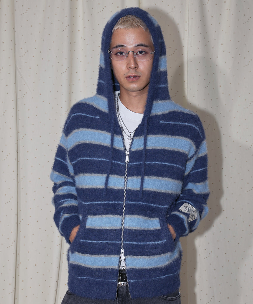SEQUENZ(シークエンズ)】SHAGGY BORDER HOODIE ZIP / ボーダー ニット