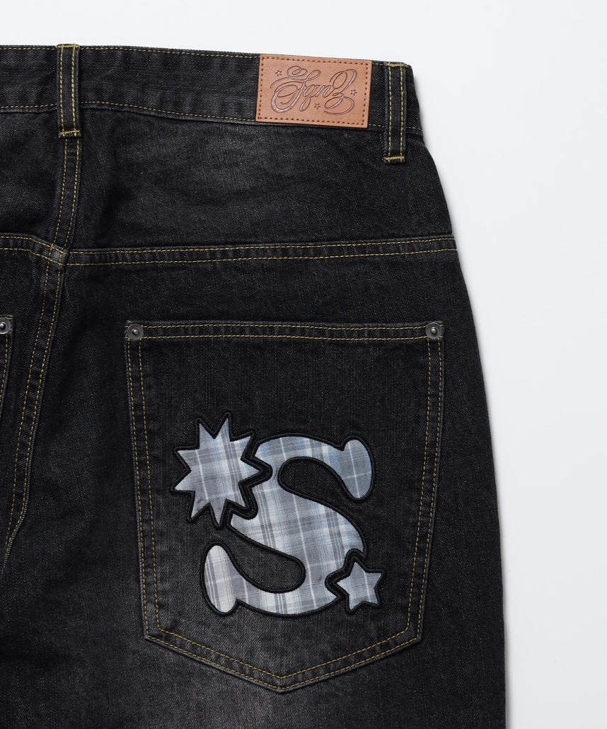 ※WEB限定 / ワイドデニムパンツ / sqnz seam design applique denim ブラック